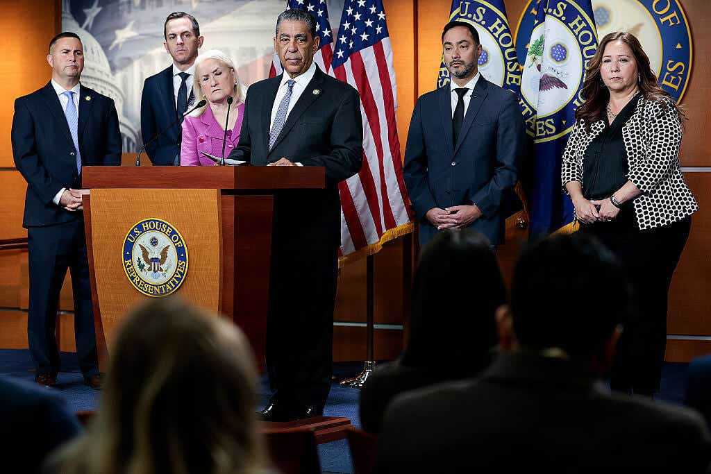 ep. Darren Soto (D-FL) (L-R), Rep. Robert Menendez (D-NJ), Rep. Sylvia Garcia (D-TX), Rep. Adriano Espaillat (D-NY), Rep. Joaquin Castro (D-TX) and Rep. Adelita Grijalva (D-AZ) attend a news conference in the U.S. Capitol.