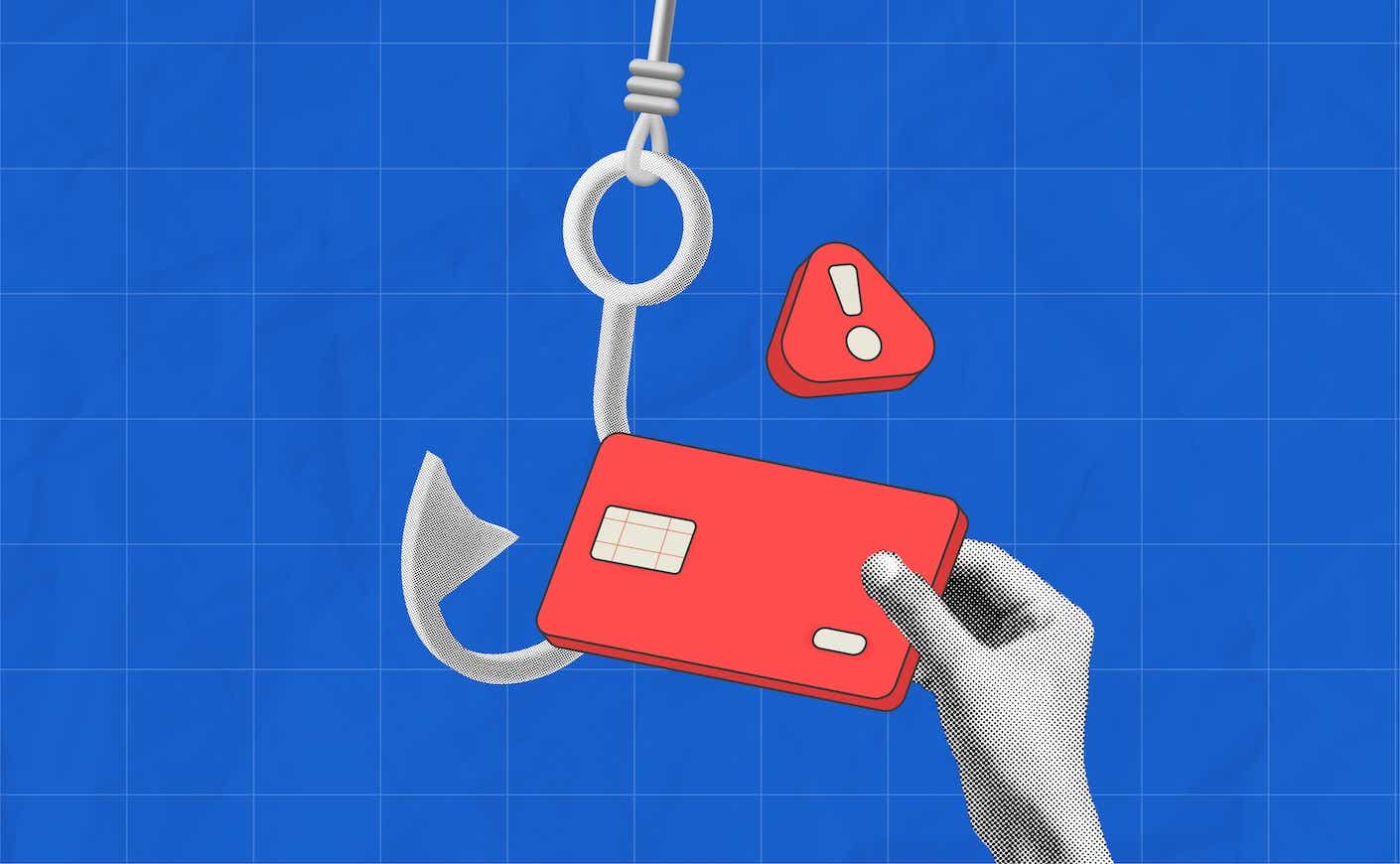 halftone collage, Phishing scam alert concept with credit card and hook. Cybersecurity warning for online fraud, identity theft, and secure digital payments