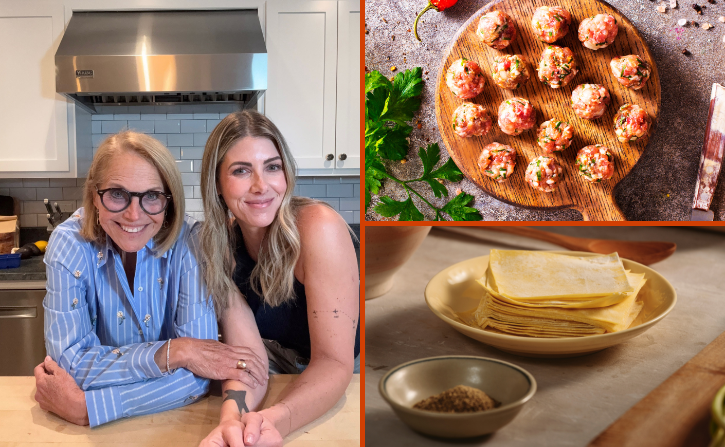 An image of Katie Couric and Kelly Rizzo aside images of wonton wrappers and meatballs.