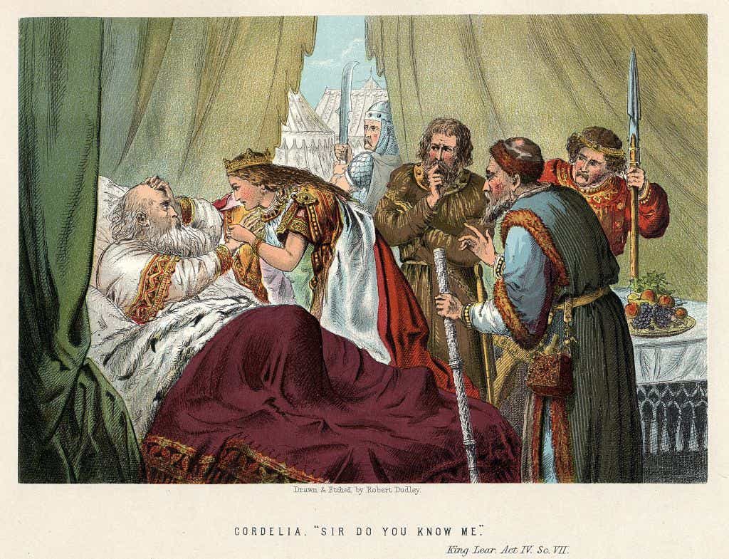 In a painting. Cordelia comforts her father, King Lear, after he’s been betrayed by his other daughters. 