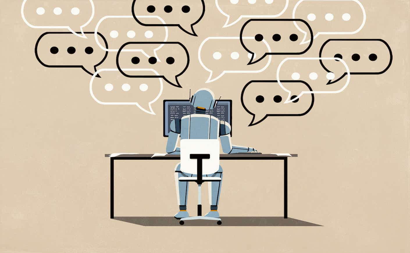 Dot dot dot symbols inside speech bubbles above humanoid chatbot robot working at computer