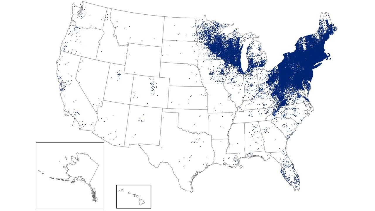Map of the United States showing reported cases of Lyme disease in 2023. 