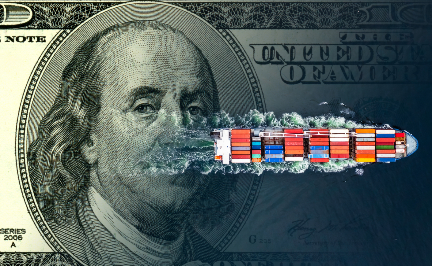 Illustration of a shipping boat floating over a $100 bill