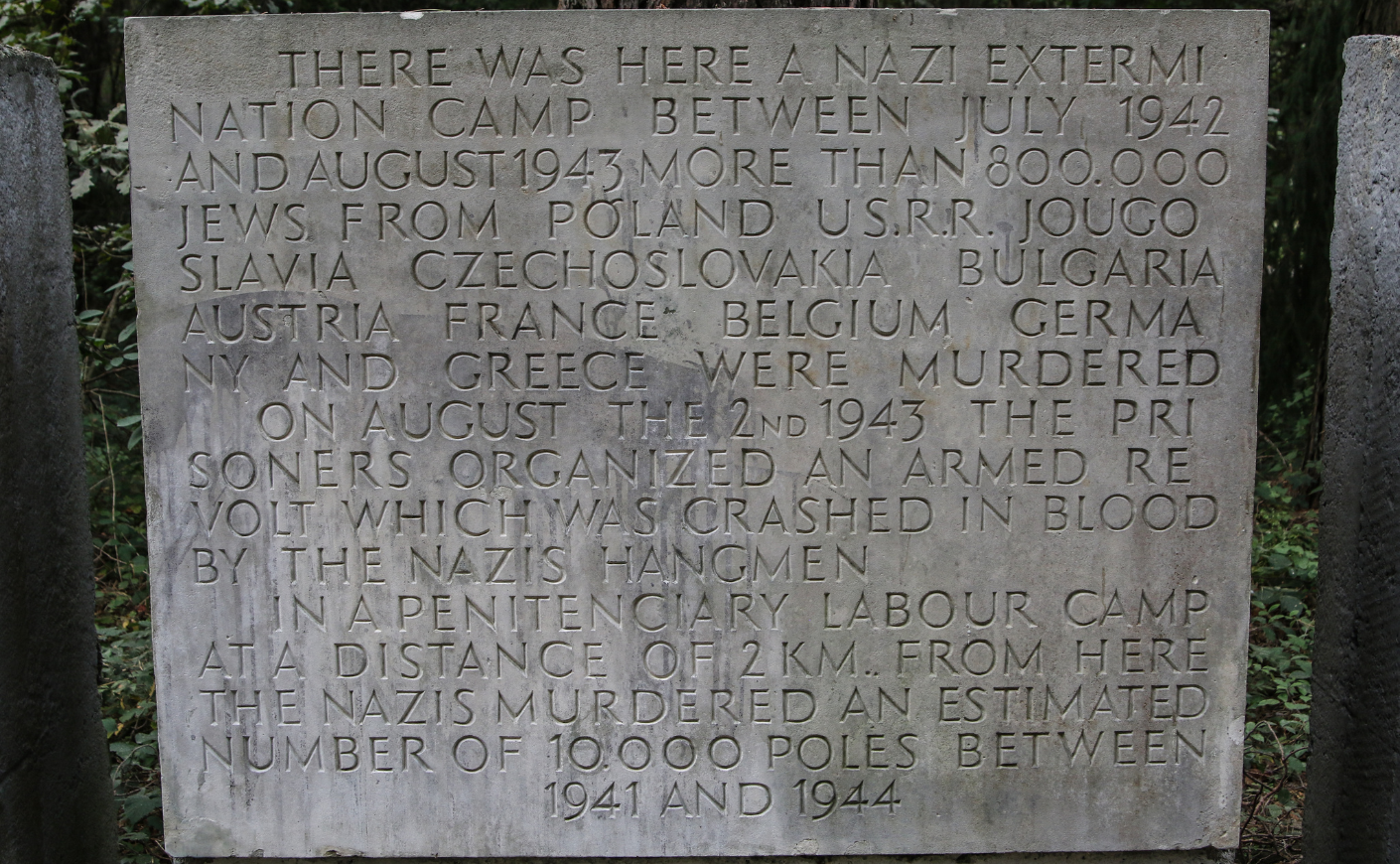 A memorial near the site of Treblinka noting the deaths at the camp and the armed revolt. 