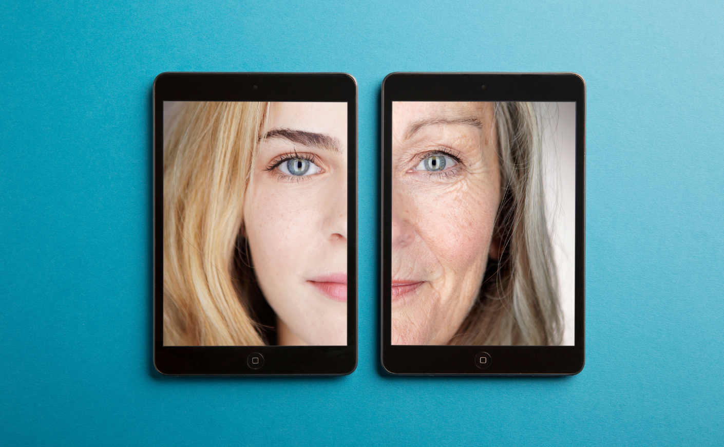 split screen with young woman on one side, older woman on another