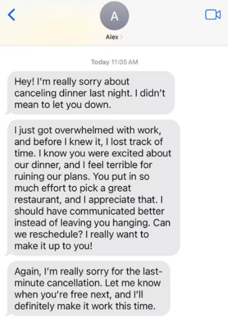A screenshot of an AI generated apology text on an iPhone.