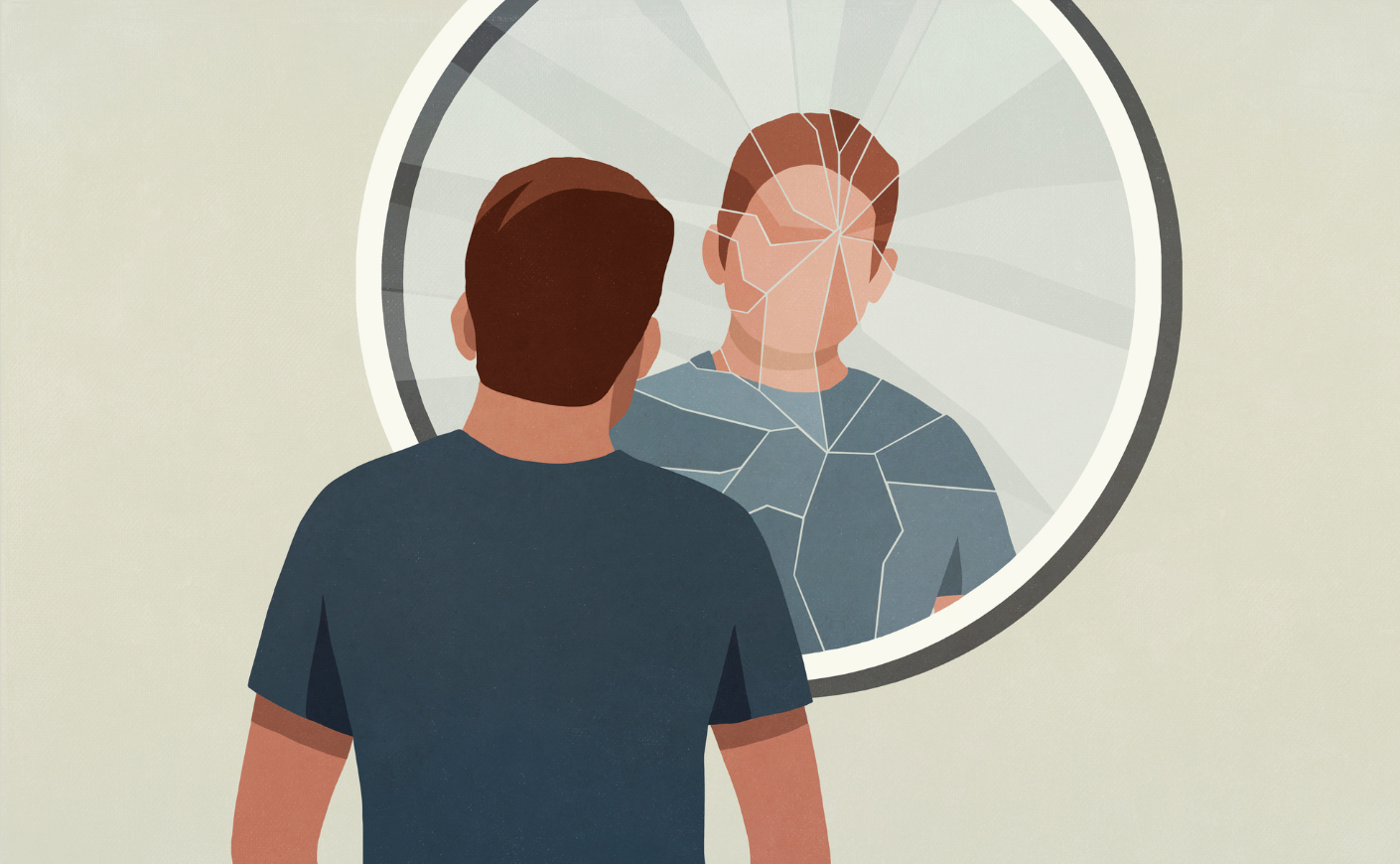 an illustration of a man looking at his reflection in a cracked mirror
