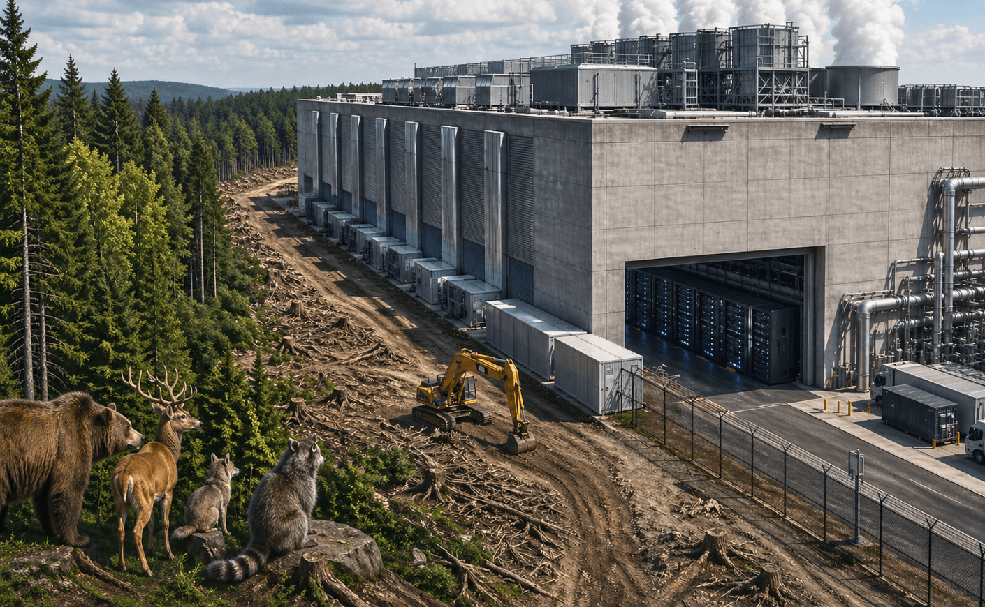 illustration of a data center with animals in a forest