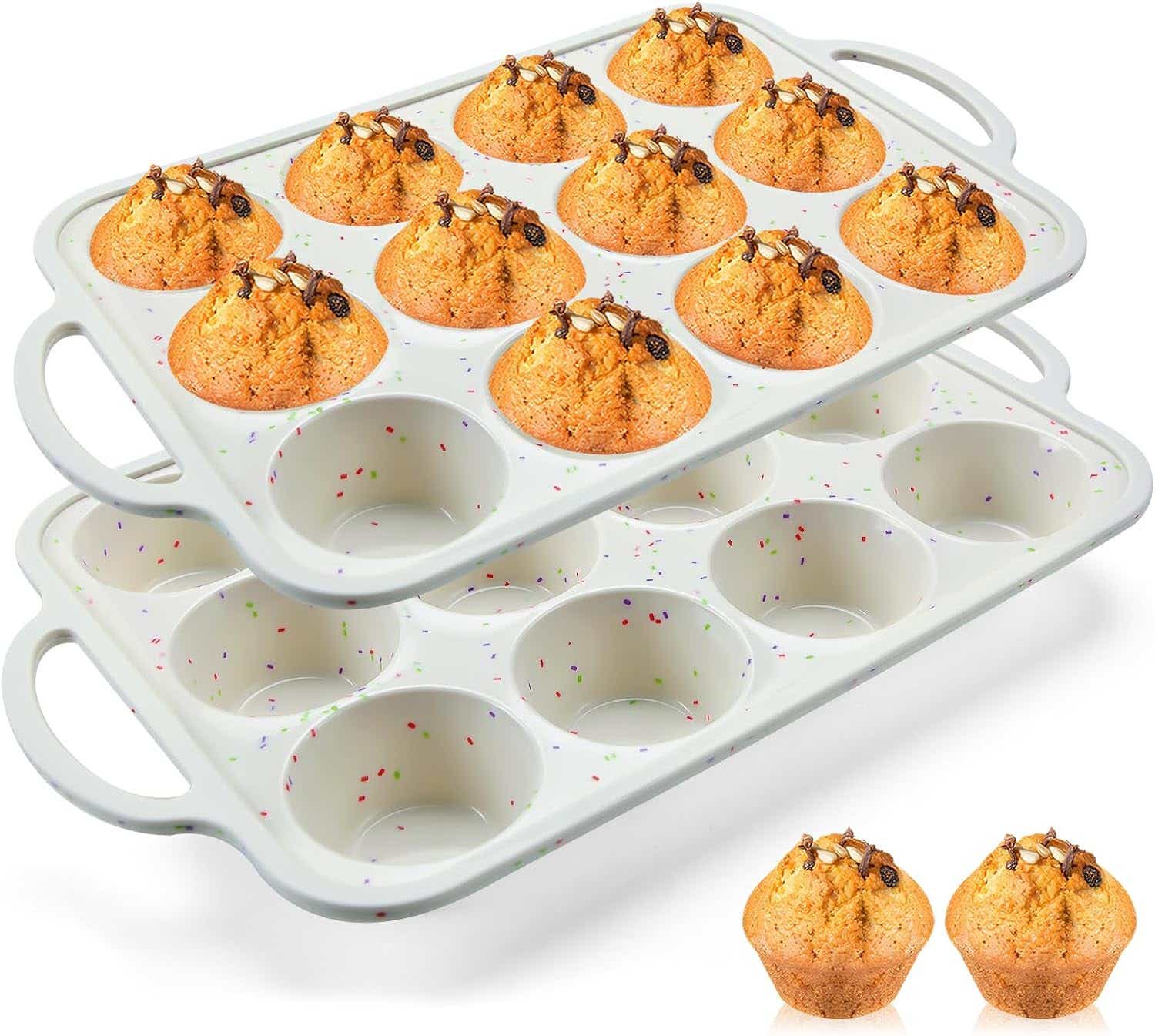 A muffin tin with muffins in it.