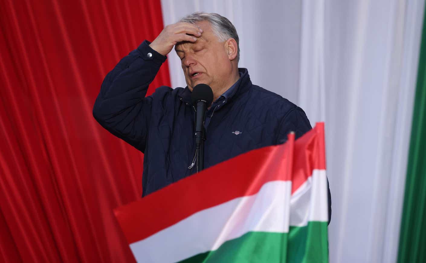 Hungarian Prime Minister Viktor Orban reacts as he speaks to voters at an election campaign rally two days before parliamentary elections on April 10, 2026 in Szekesfehervar, Hungary