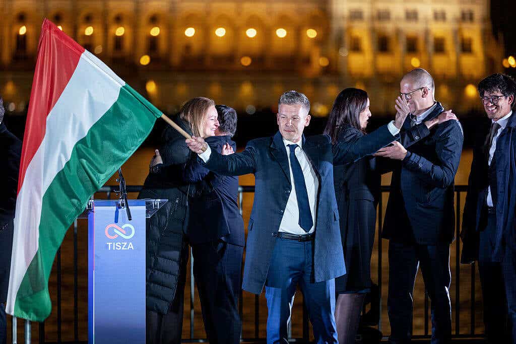 Peter Magyar, lead candidate of the Tisza party, speaks to supporters after polling stations closed during Hungarian parliamentary elections on April 12, 2026 in Budapest, Hungary. 