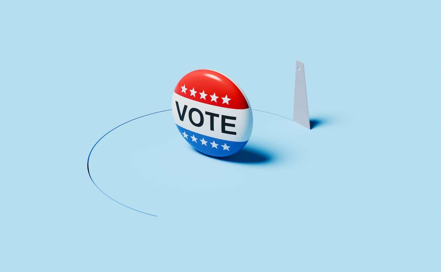 a handsaw cutting a precise circular shape just beneath a vote badge