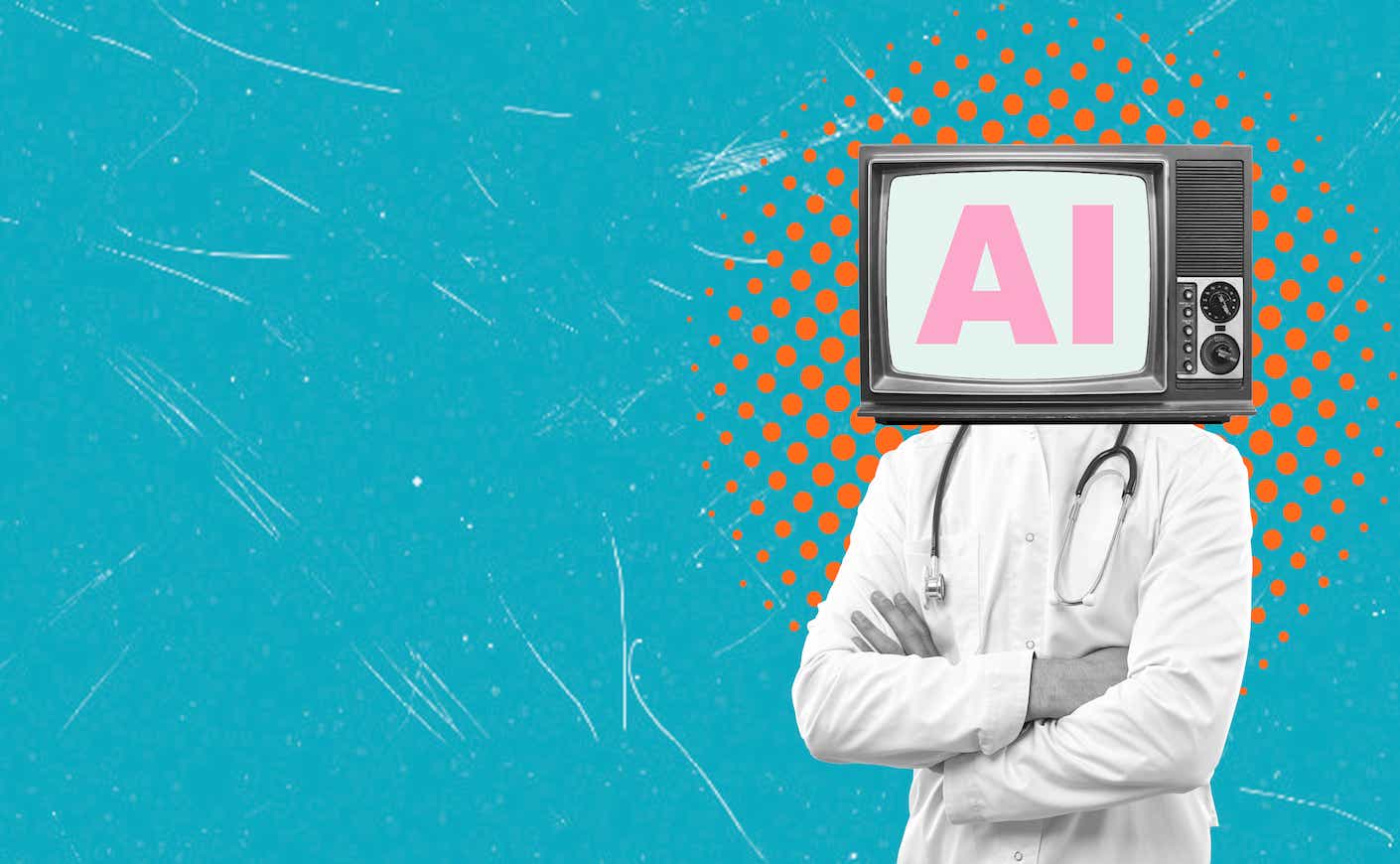 A character dressed as a doctor stands confidently with arms crossed, featuring a vintage television as a head displaying the text AI against a vibrant blue background.