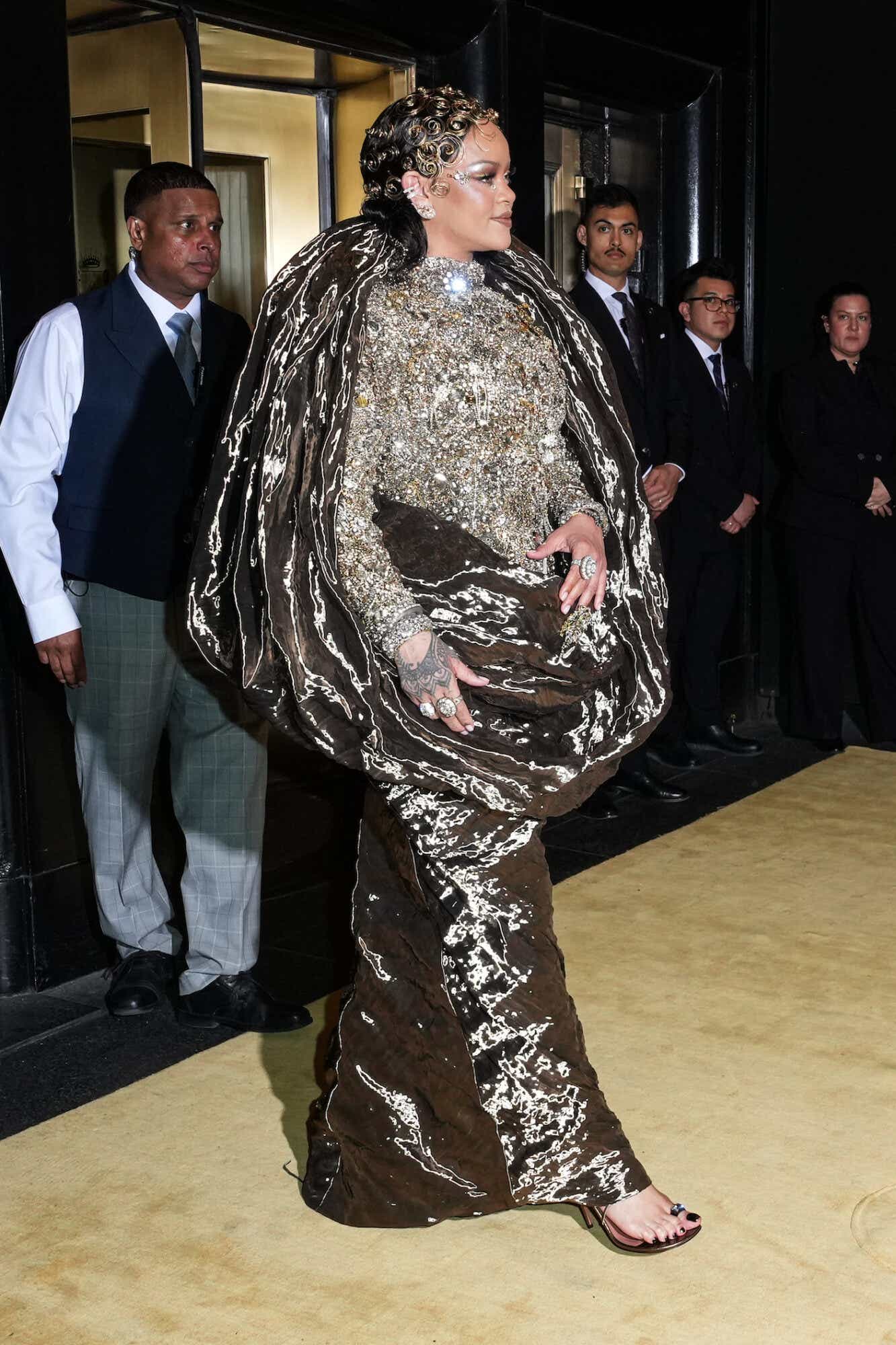 NEW YORK, NEW YORK - MAY 04: Rihanna leaves The Carlyle Hotel before the 2026 Met Gala celebrating "Costume Art" at the Metropolitan Museum of Art in New York City. (Photo by John Nacion/Getty Images)