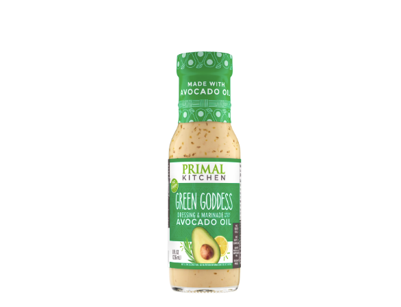 A bottle of Primal Kitchen Green Goddess salad dressing.