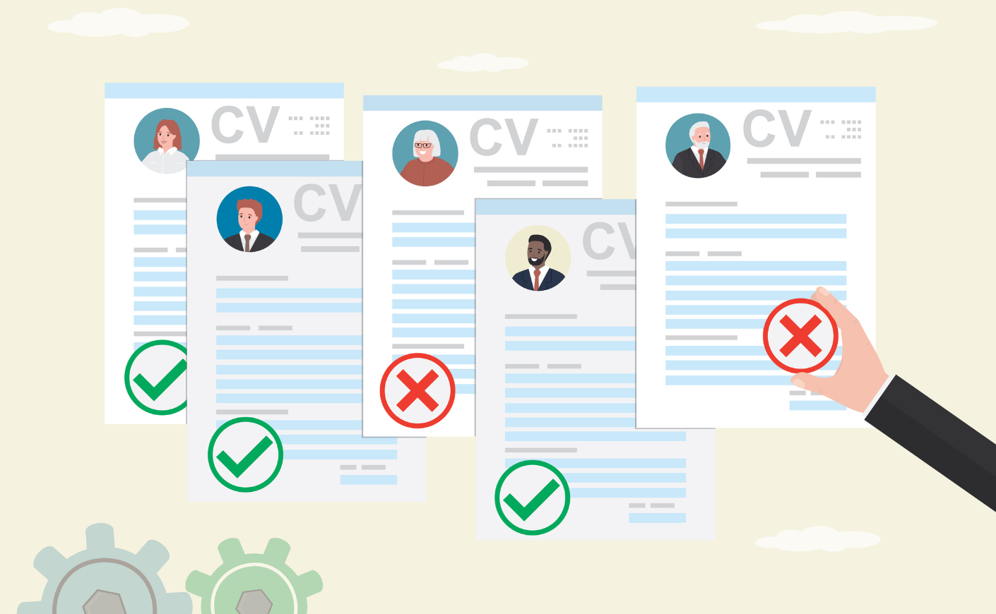 older people's resumes receive an X, while younger applicants have a check