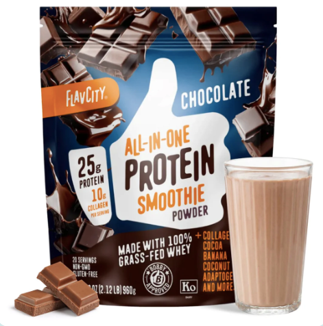 A bag of chocolate protein powder.
