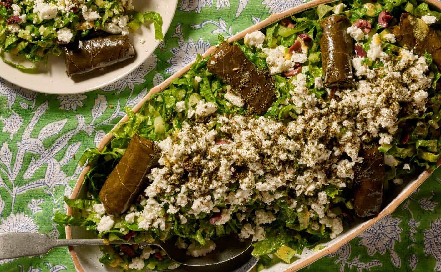 A Greek goddess salad on a serving platter.