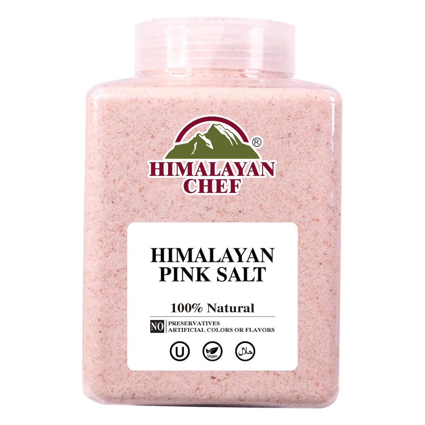 A clear plastic container of pink Himalayan salt.