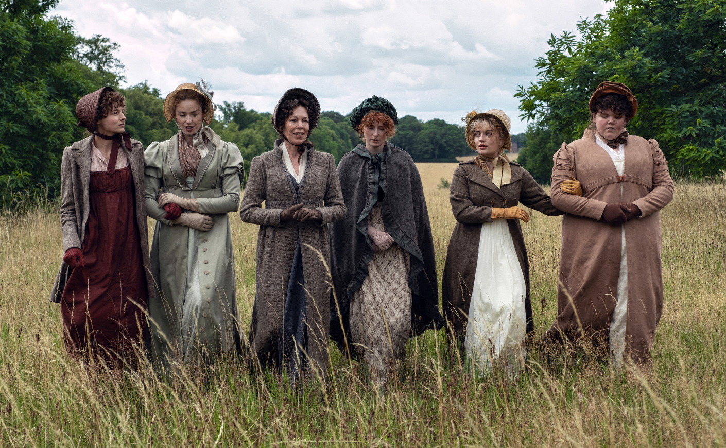 (L-R) Emma Corrin, Freya Mavor, Oliva Colman, Hopey Parish, Hollie Avery on the set of Pride & Prejudice, wearing period-inspired garb