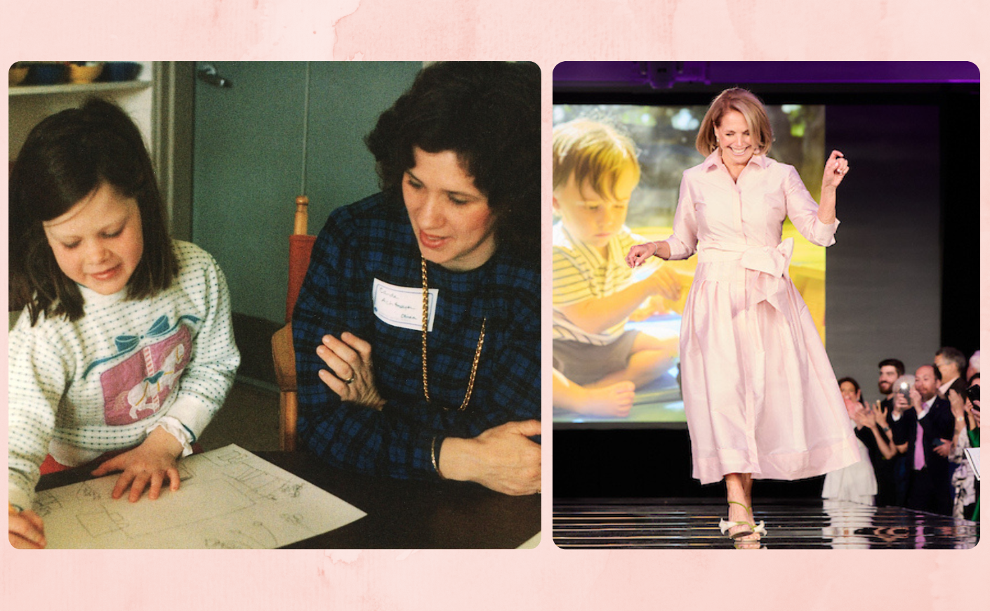 side by side photos of a young girl sitting at a table writing with her mother next to an image of katie couric walking down a runway in a pink dress