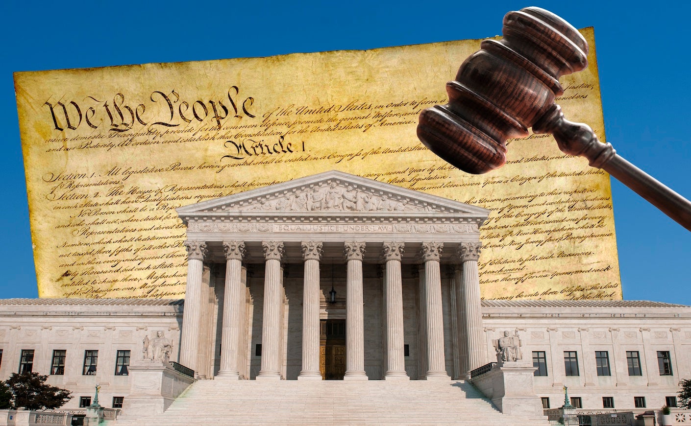 the supreme court building with a gavel coming down on top of it and the declaration of independence in the background