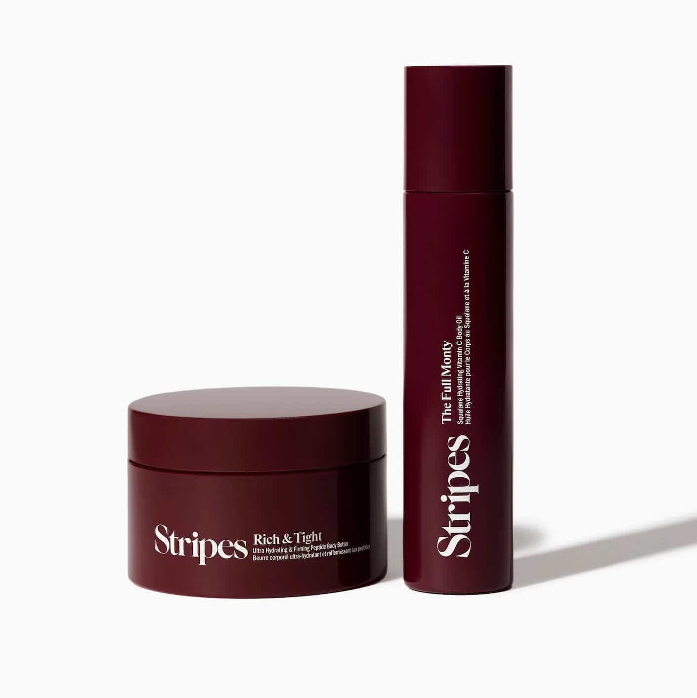 A Stripes beauty cream and body oil set.