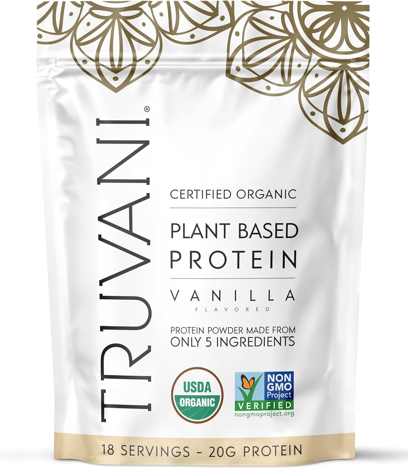 A bag of Truvani protein powder.