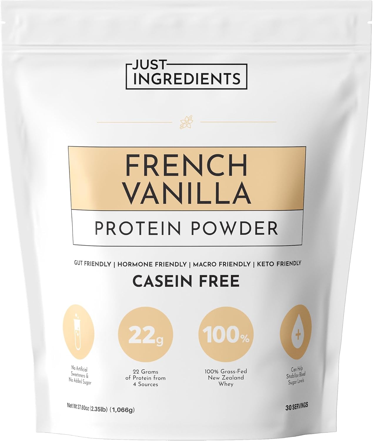 A bag of vanilla protein powder.