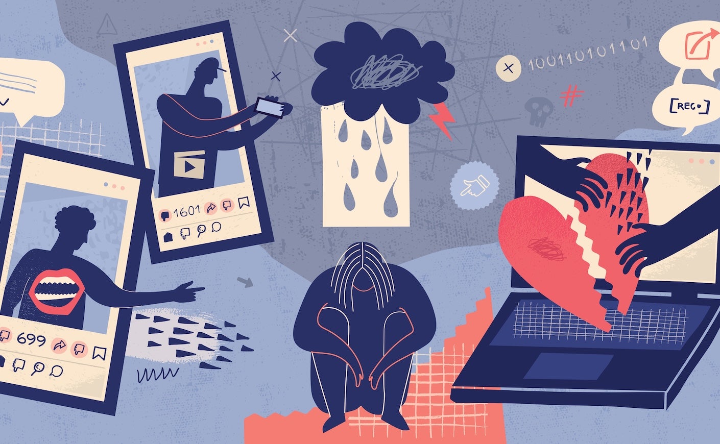 Illustration of woman silhouette crying surrounded by screens of angry social media posts