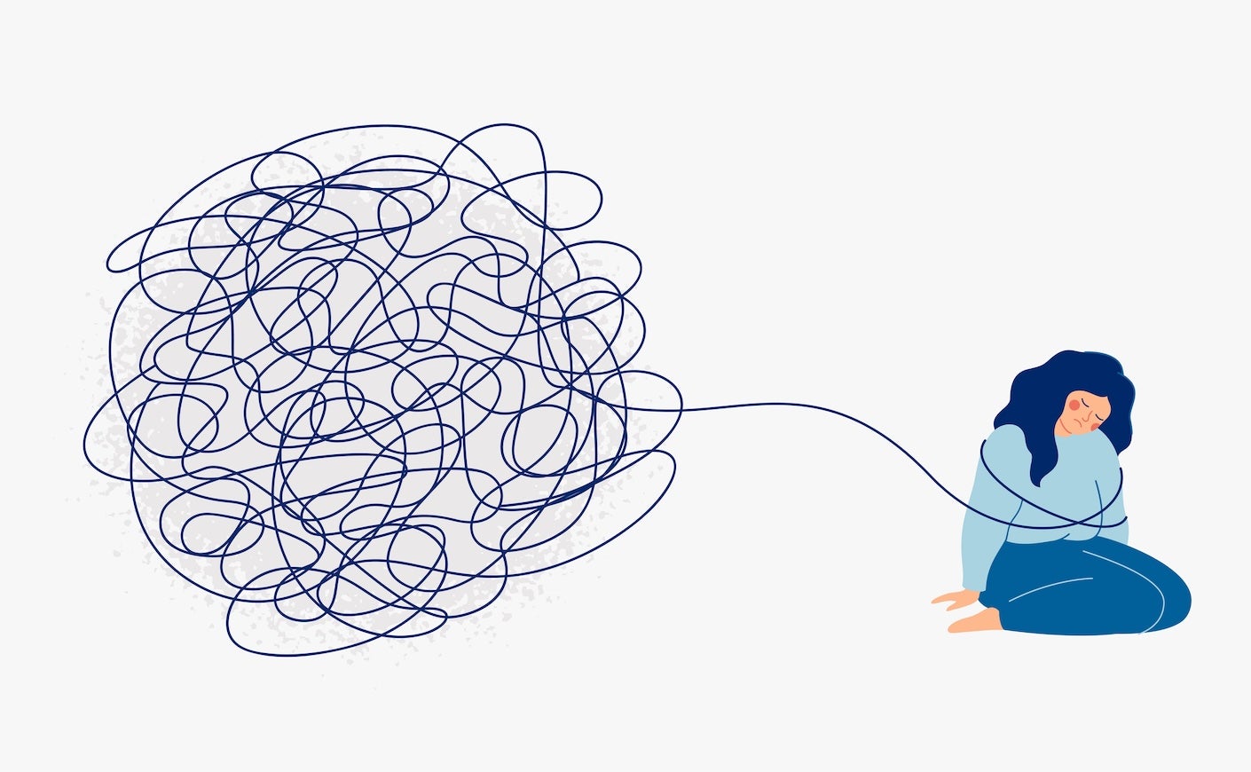 sad woman is bound by problems that weigh her down. Girl sits depressed and sad, with a tangle of hardships hanging over her. vector