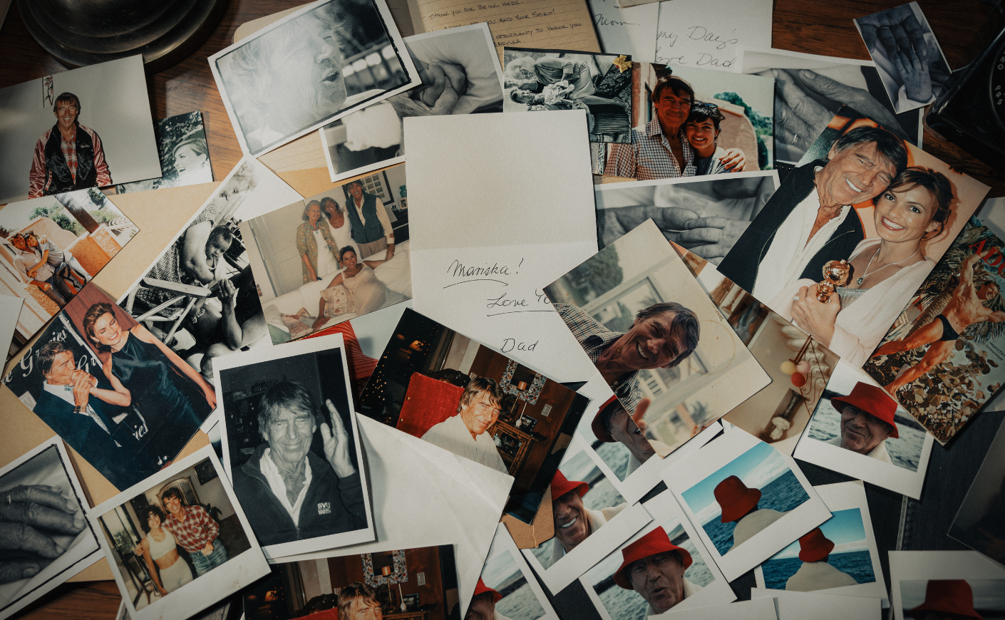 Collage of pictures of Mariska Hargitay with her dad, Mickey