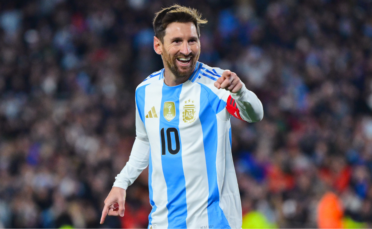 Lionel Messi of Argentina celebrates after scoring the team's third goal during the South American FIFA World Cup 2026 Qualifier match between Argentina and Venezuela