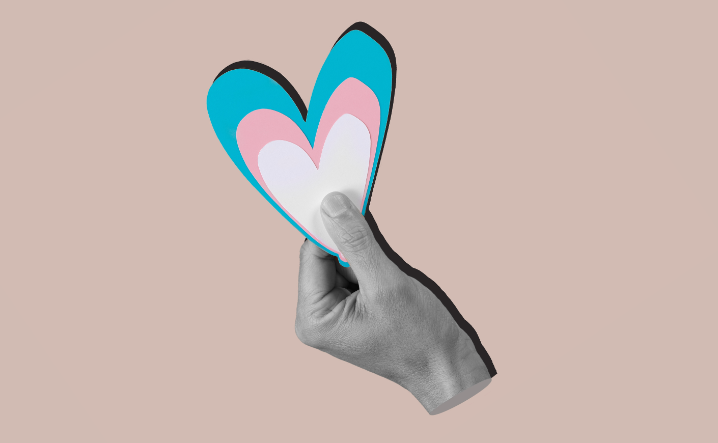 hand holding a heart in blue, pink, and white, representing transgender rights