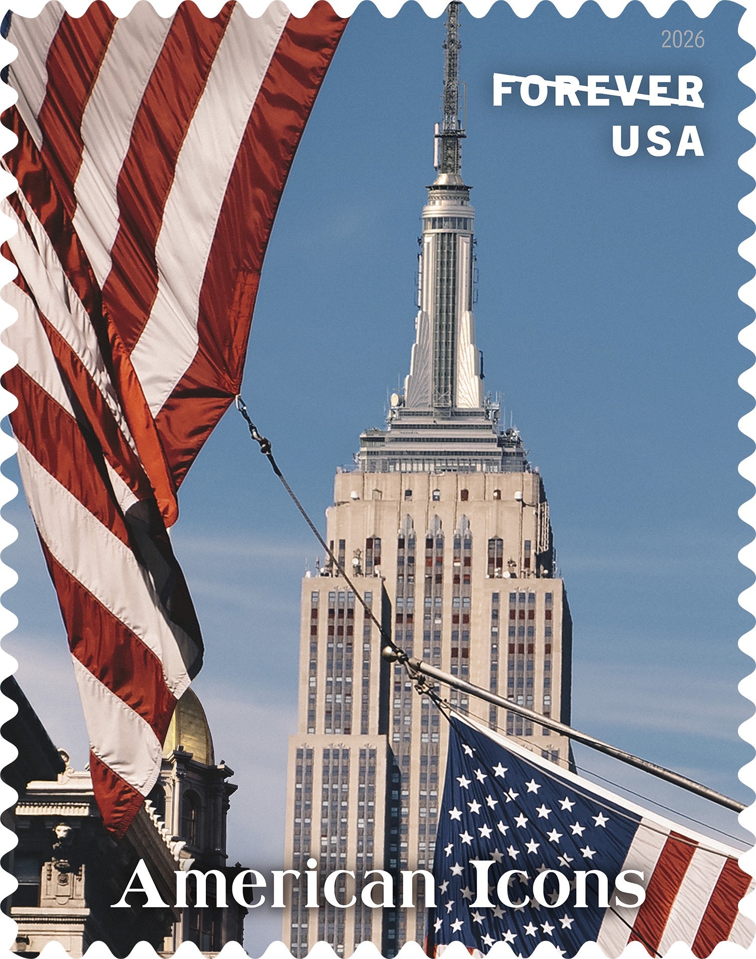 A Ralph Lauren commemorative stamp depicting the Empire State Building with two Aerican flags flying in front of it
