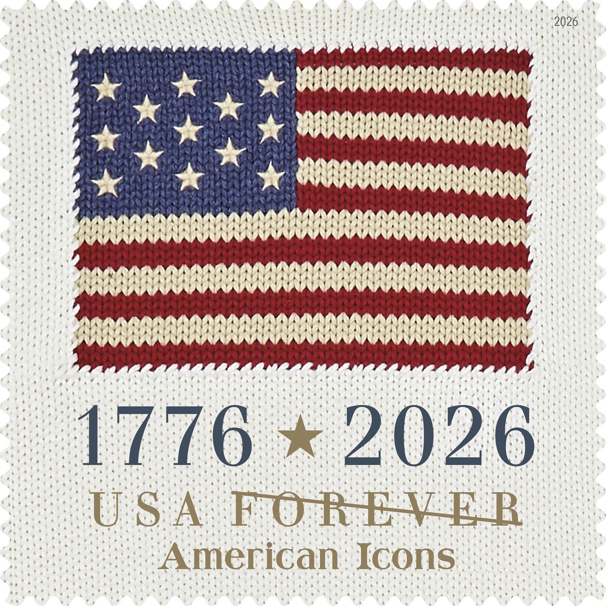 Ralph Lauren's 250 America stamp featuring a knitted American flag above 1776 and 2006.