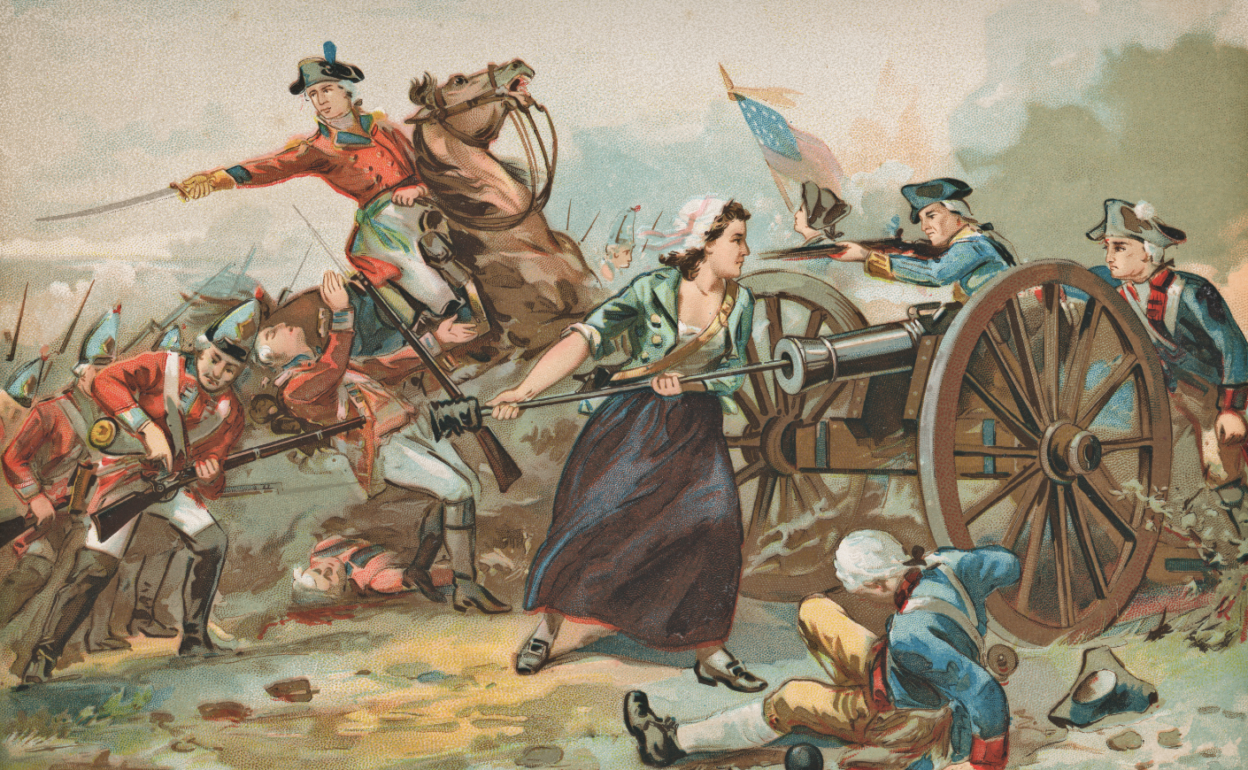 Painting of a woman fighting in a battle field during the American Revolution