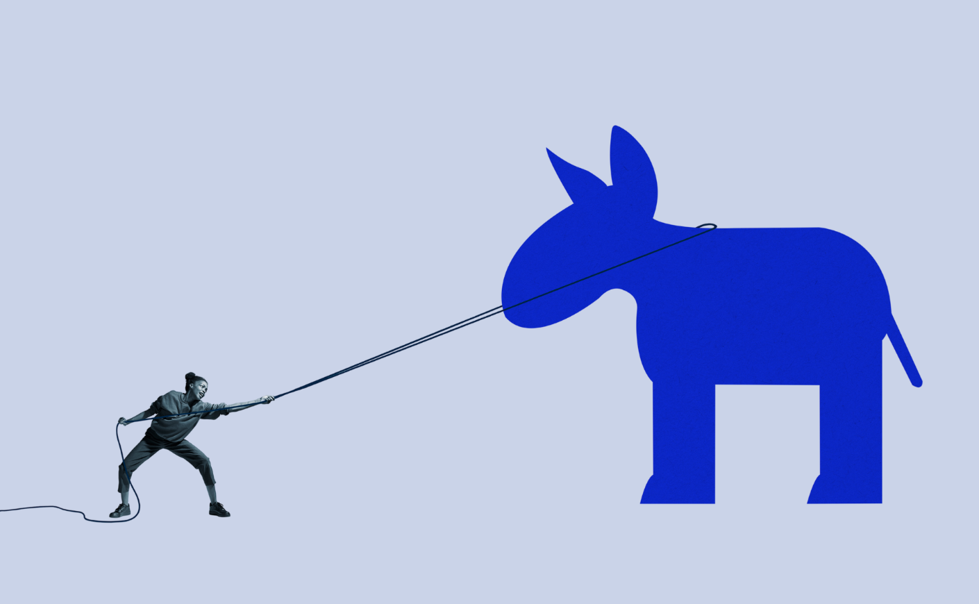 Illustration of woman trying to wrangle a blue donkey with a rope