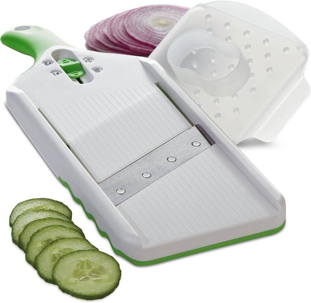 A mandoline slicer with guard.