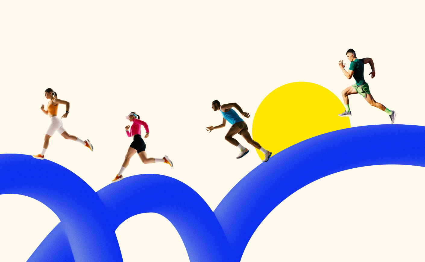 four people running on illustrated arches
