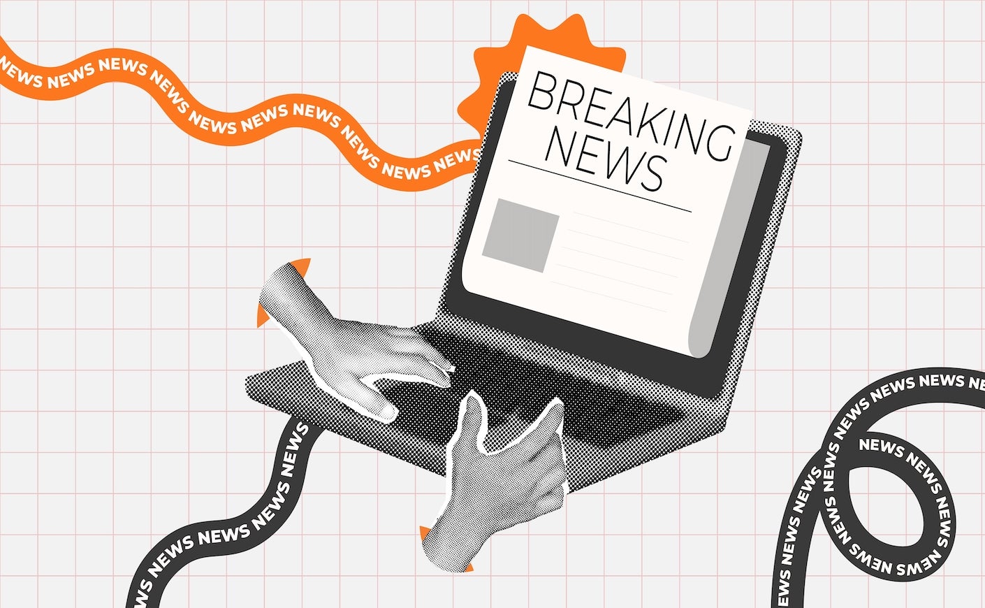 halftone collage, Breaking news digital concept with laptop and hand typing gesture. online journalism, media, news websites, and content marketing. Modern design for fast and real-time news updates