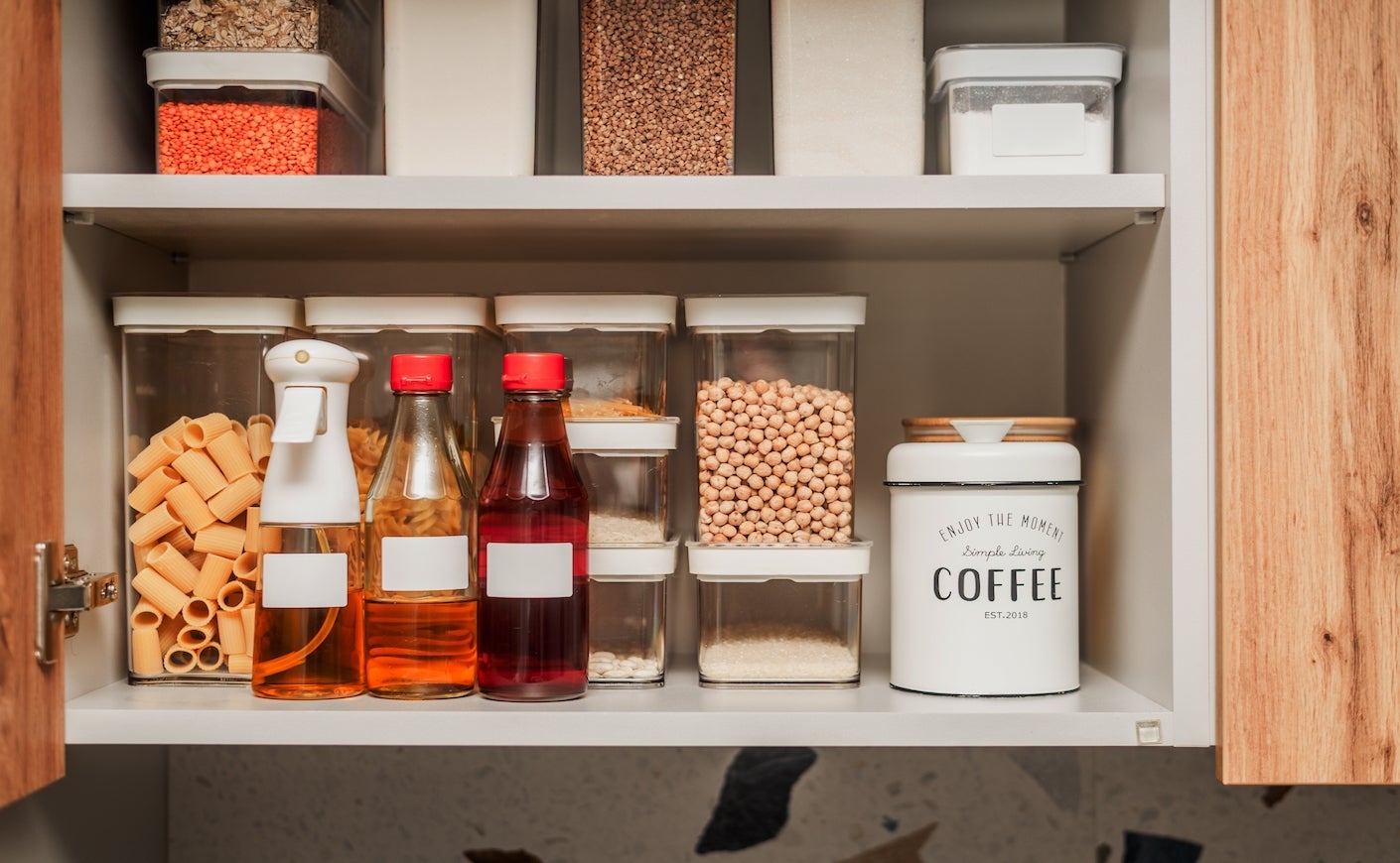 Organized Kitchen Pantry with Clear Food Storage Containers