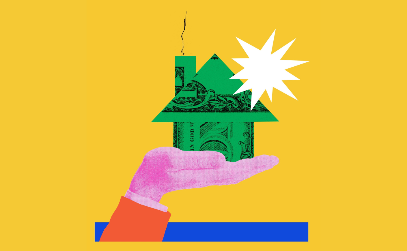 illustration of person holding a home made of money