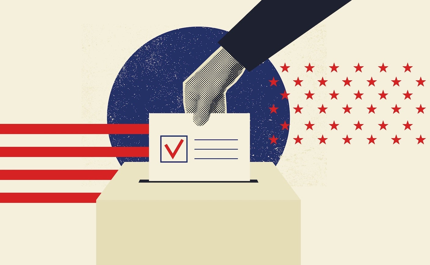 Woman hand places ballot into voting box. Halftone collage banner in retro style. Election day, voter participation and democratic process concept.