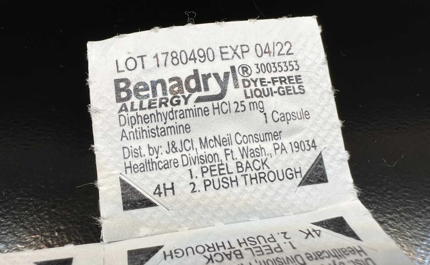 A bubble pack of Benadryl