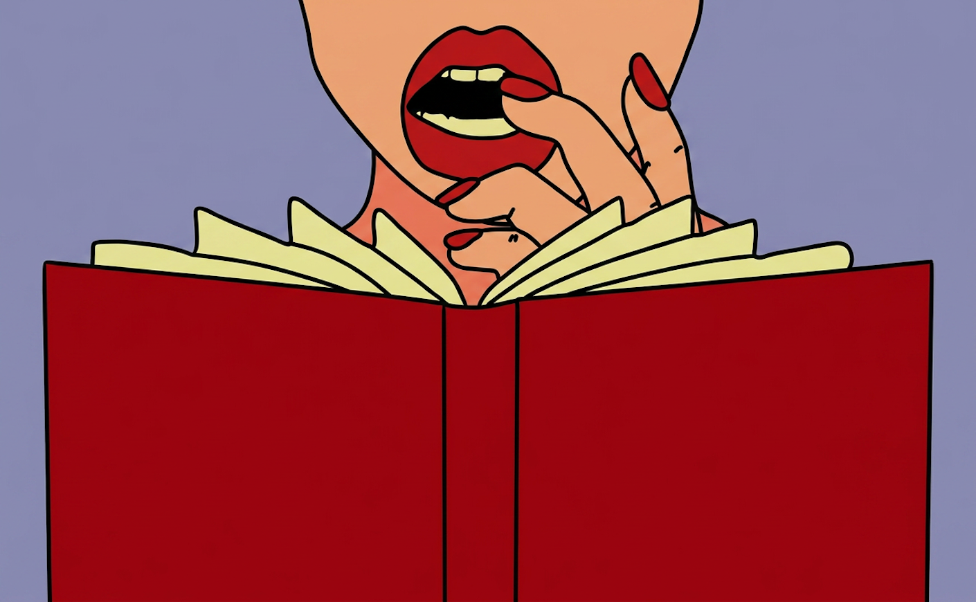 illustration of a woman reading a book with her hand to her open mouth