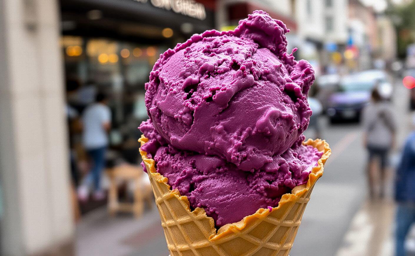 A scoop of ube ice cream in a cone.