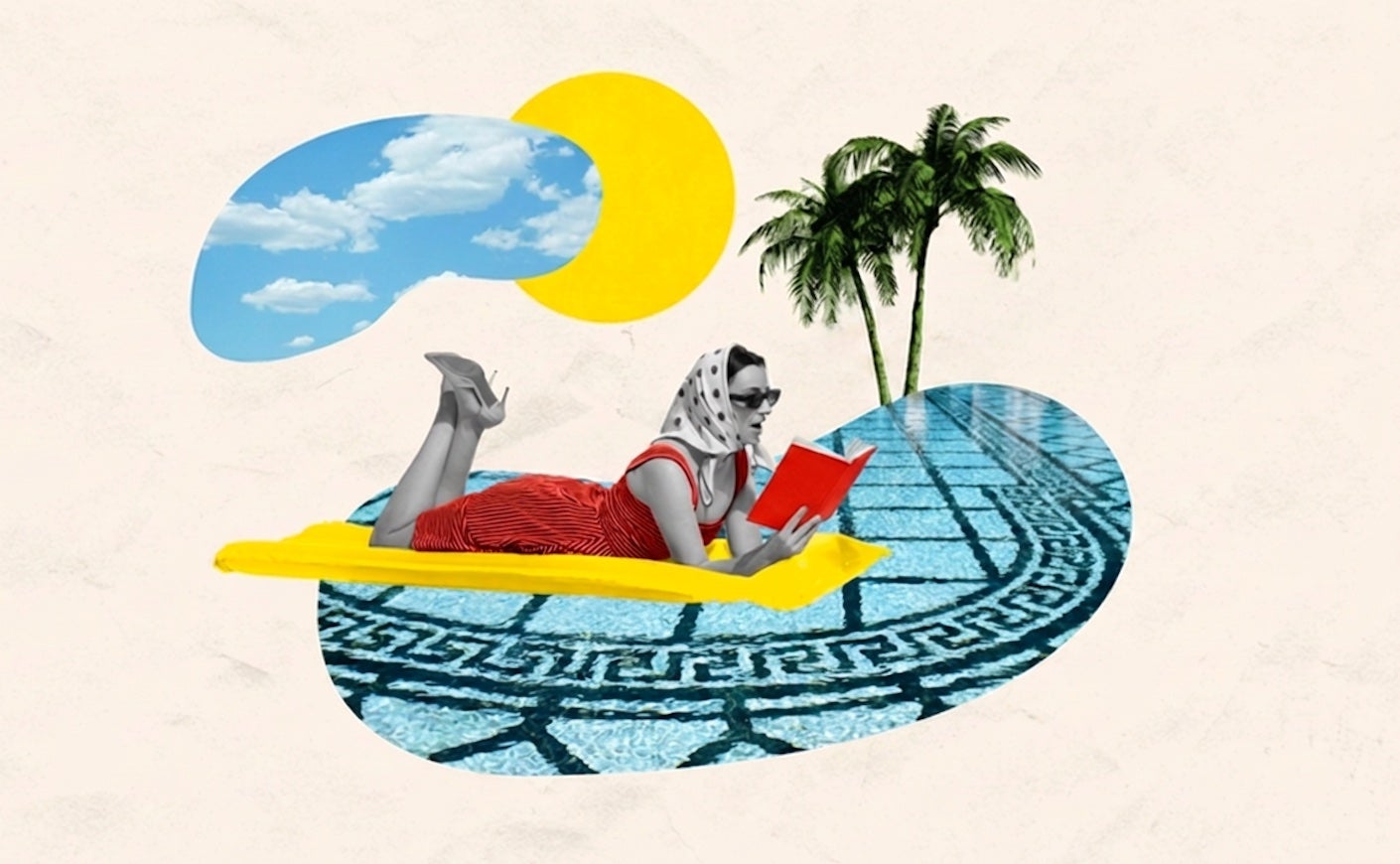 graphic of a woman lying on a pool float reading a book under a palm tree