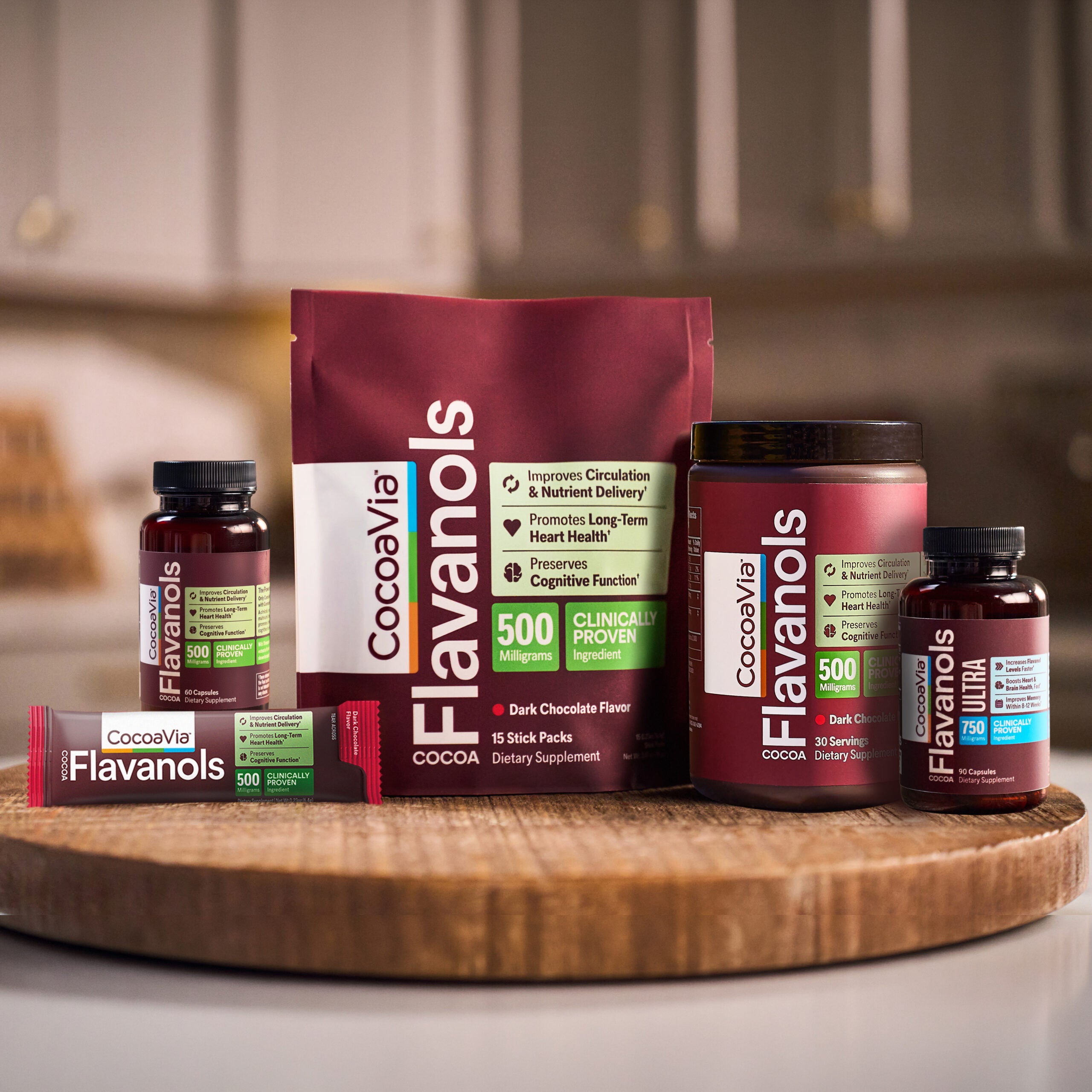 Image of cocoavia flavanol products on a wooden cutting board