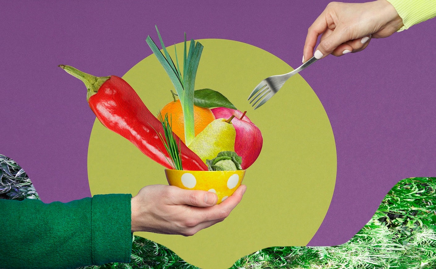 hand holding bowl full of veggies, another hand with a fork goes for a bite